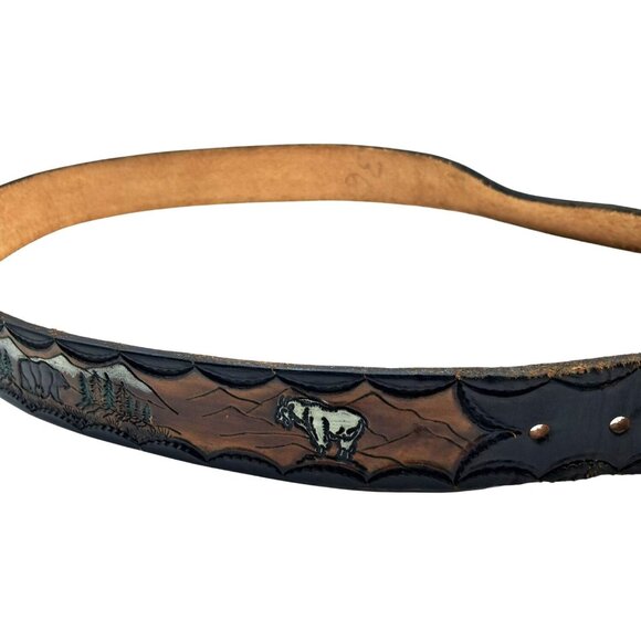 Vintage Tooled Brown Leather Belt With PNW Wildlife Design Including Eagle Ducks - Picture 6 of 13